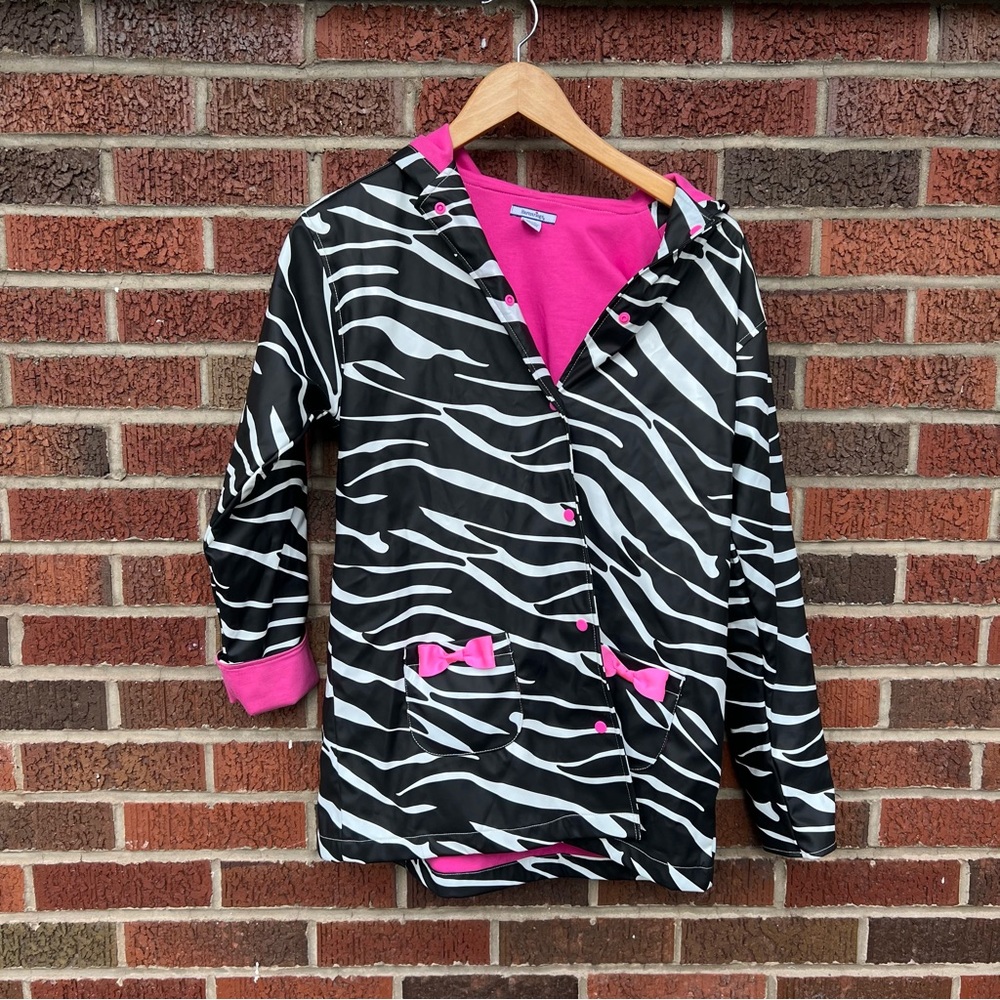 Hartstrings Black and White Zebra Print and Hot Pink Fleece Button Rain Jacket